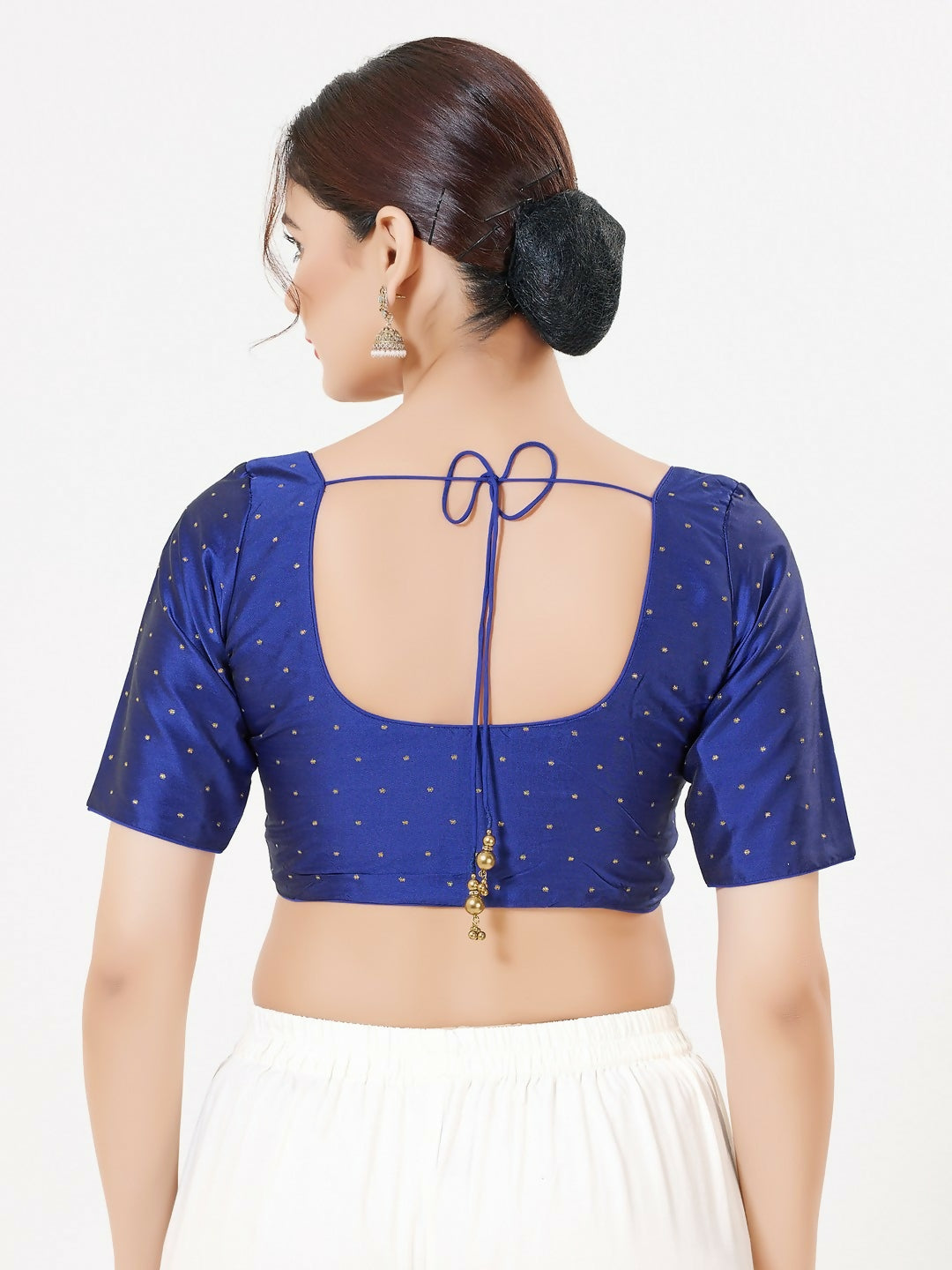 Royal-Blue Taffeta Silk Elbow Sleeveless Front Open Blouse