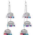 Triple-tier oxidized silver Jhumki earrings decorated with colorful pearls.