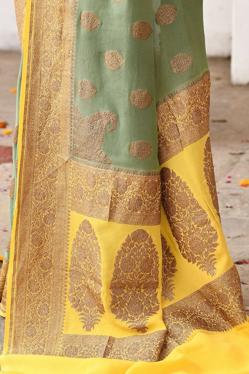 Grass Green Crepe Chiffon Handloom Banarasi Silk Saree