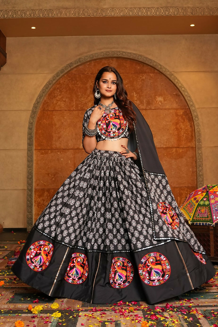 Monochromatic all-black crepe lehenga choli for Navratri