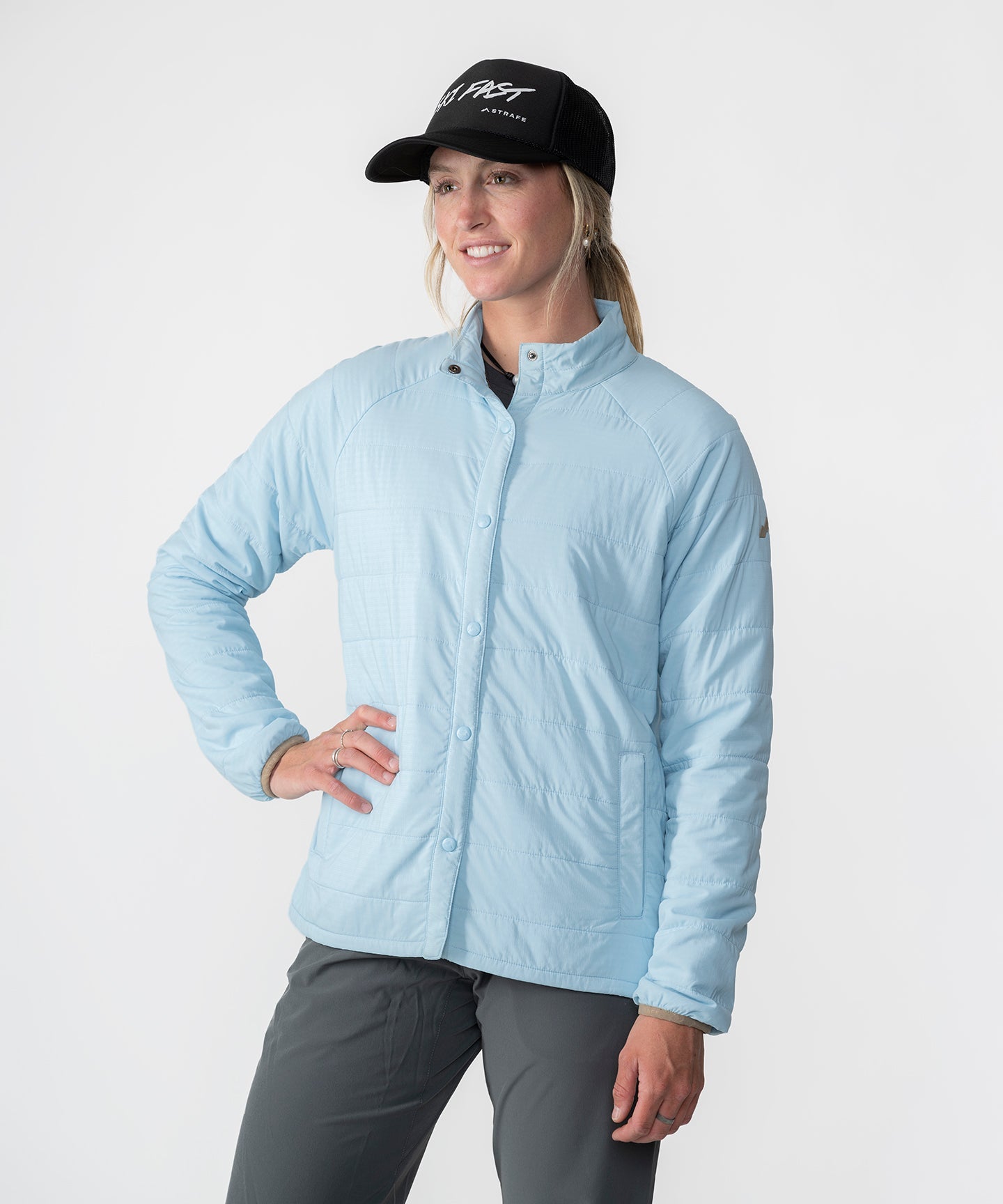 Womens Highlands Quilted Button Up Shirt Jacket in Light Blue