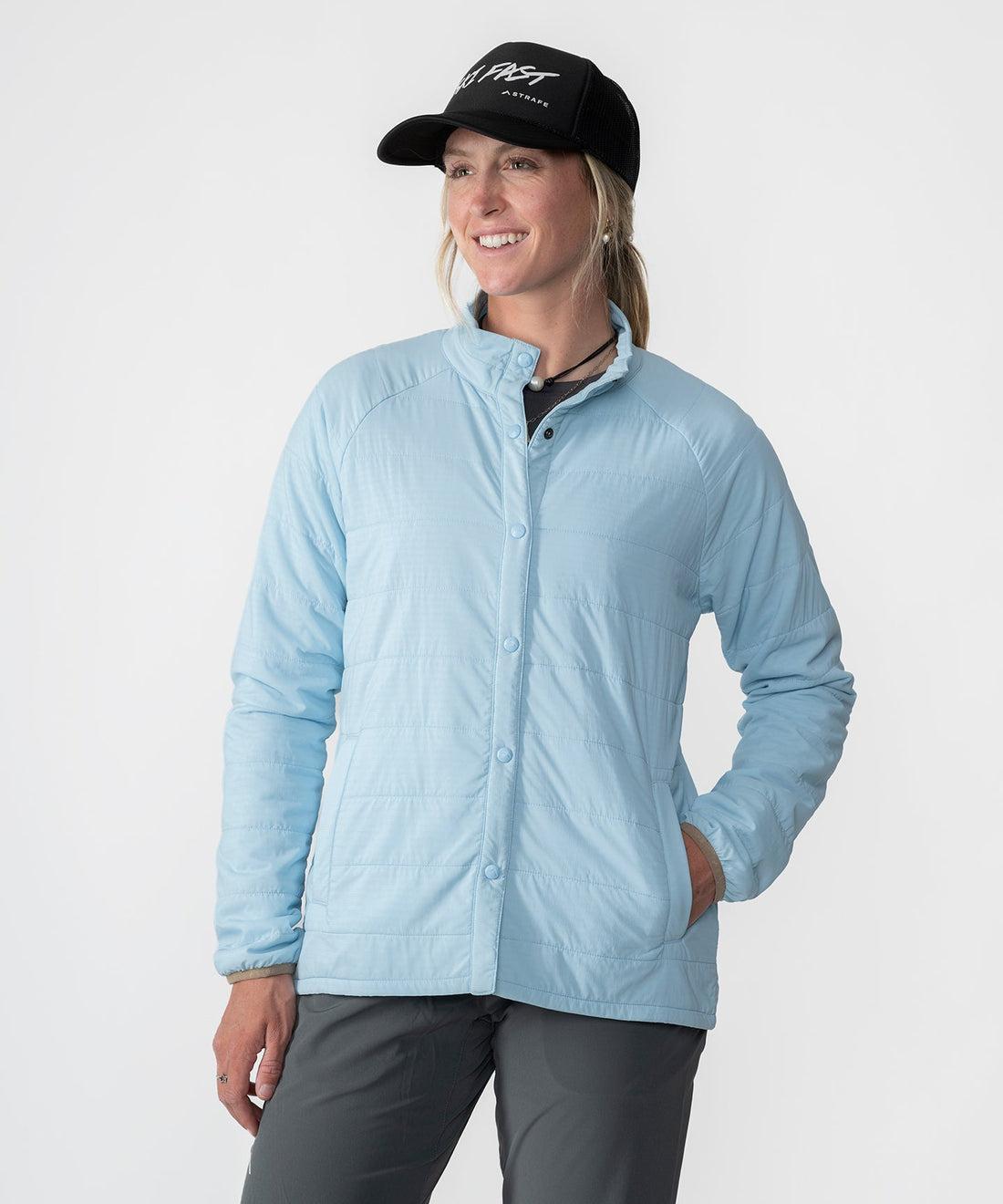 Womens Highlands Quilted Button Up Shirt Jacket in Light Blue
