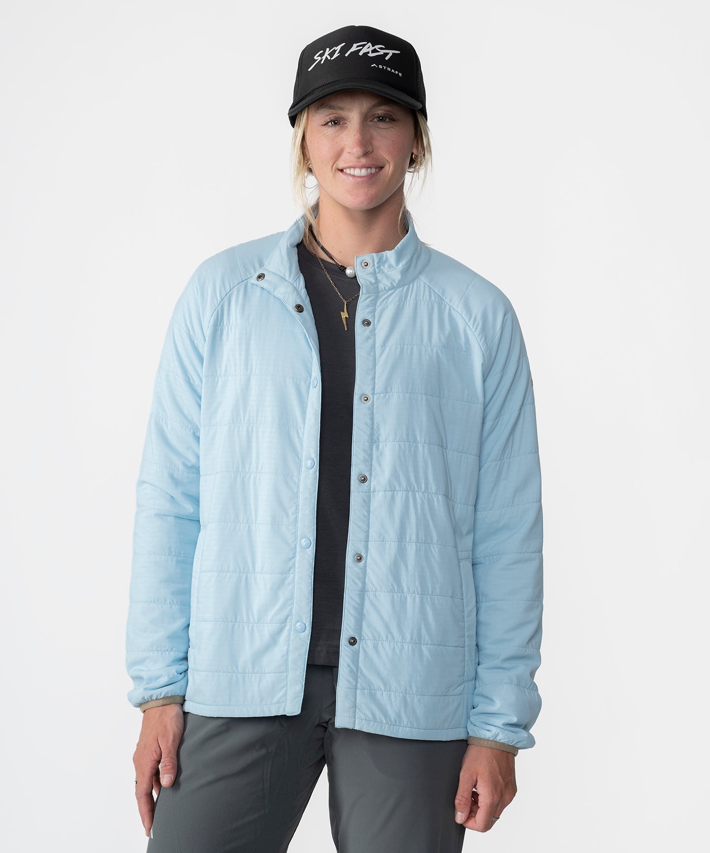 Womens Highlands Quilted Button Up Shirt Jacket in Light Blue