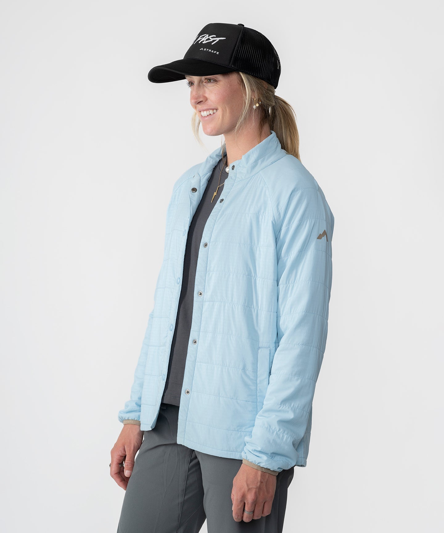 Womens Highlands Quilted Button Up Shirt Jacket in Light Blue