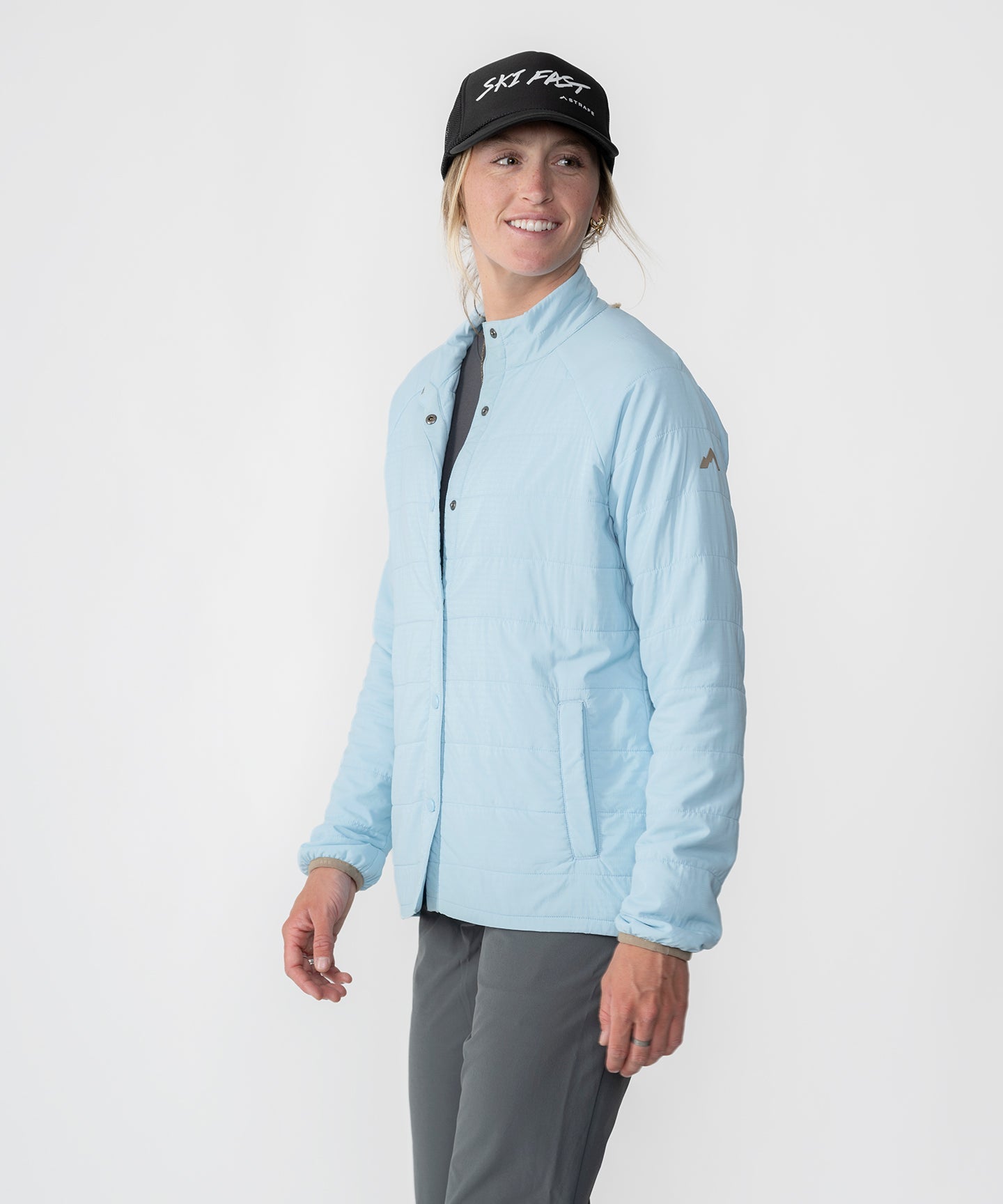 Womens Highlands Quilted Button Up Shirt Jacket in Light Blue