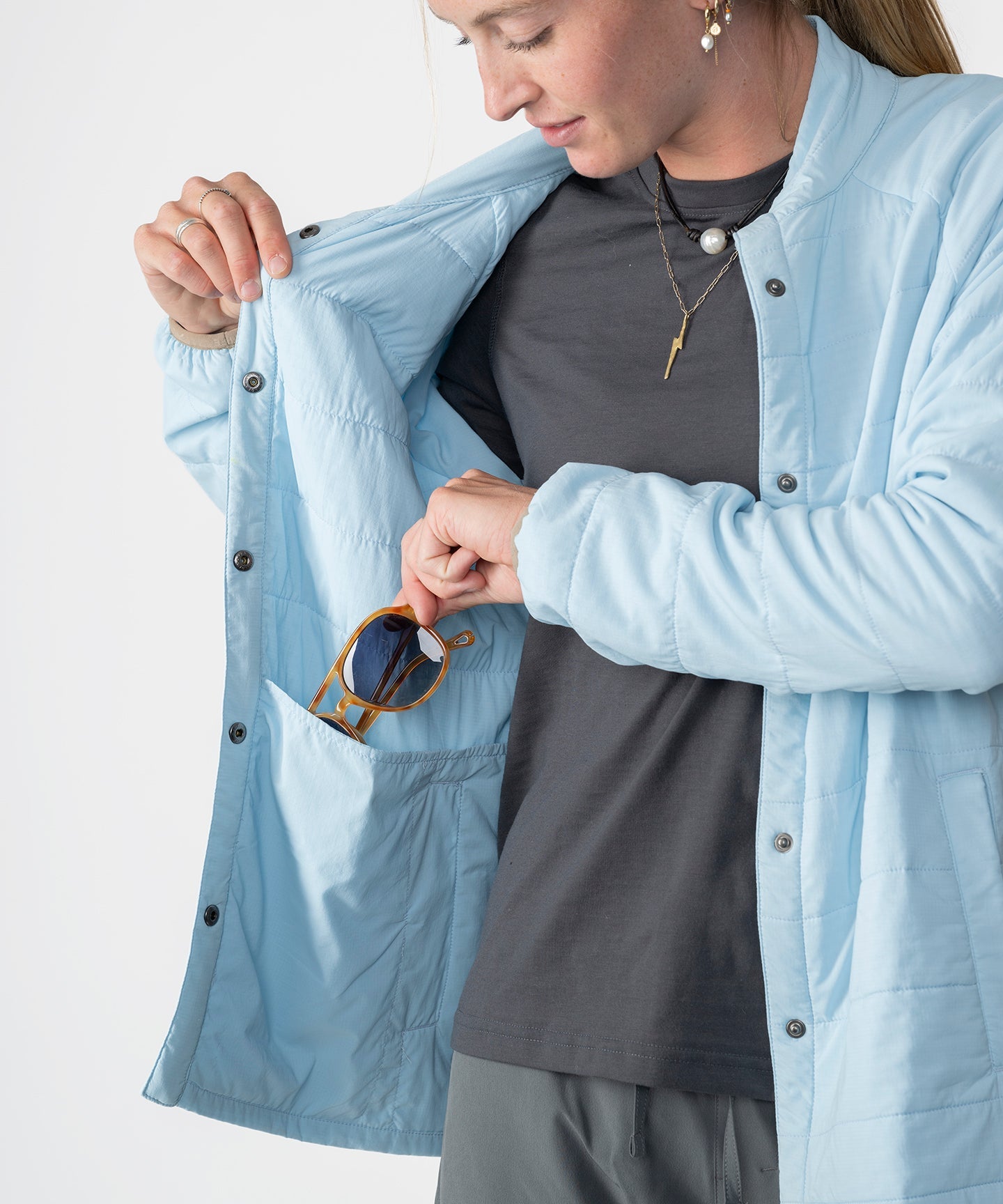 Womens Highlands Quilted Button Up Shirt Jacket in Light Blue