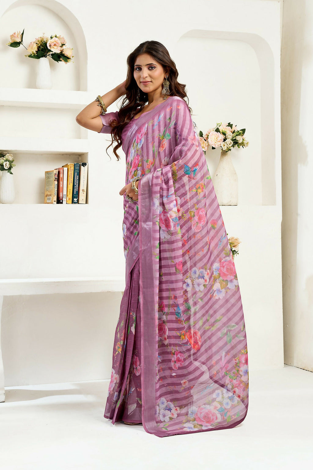 Dusty Wine Floral & Striped Linen Ready To Wear Saree