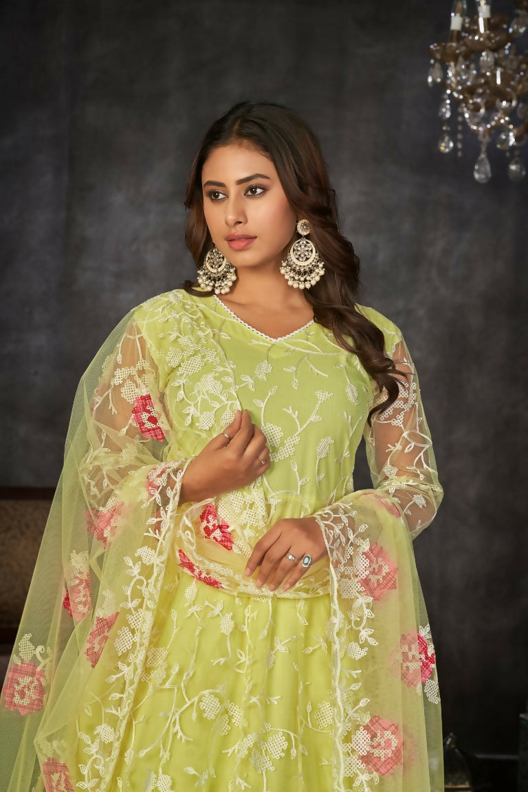 Women's Pista Net Embroidered Anarkali Kurta Pant Set