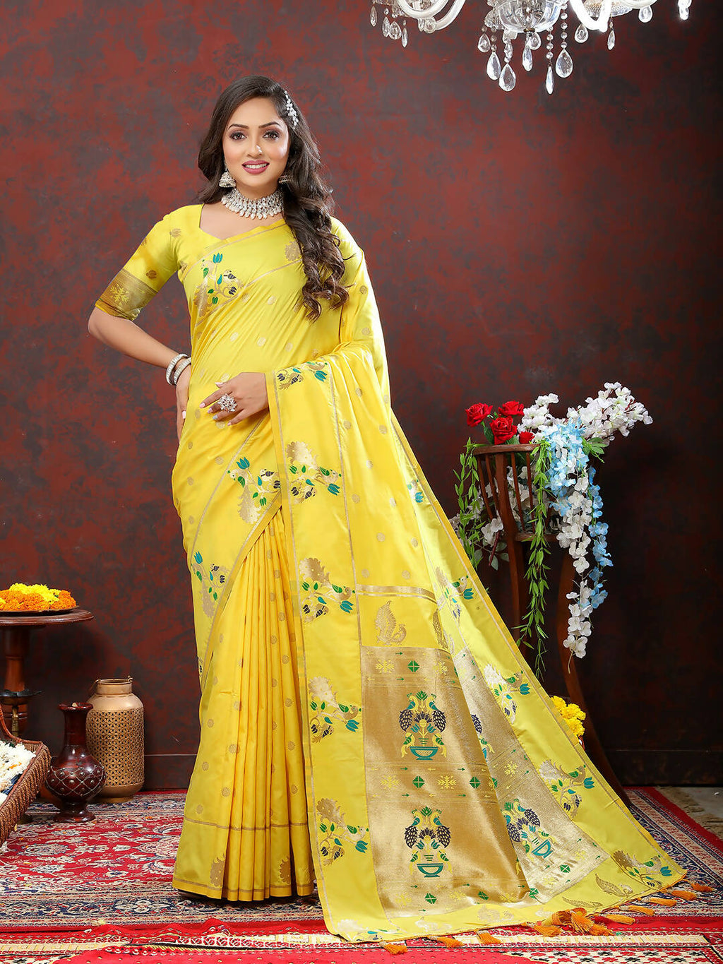 Lorenvalley Fashion Yellow Soft Paithani Silk Woven Design Gold Zari Meenakari Weaving Saree