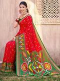 Elegant red Pochampally silk saree including matching blouse fabric piece