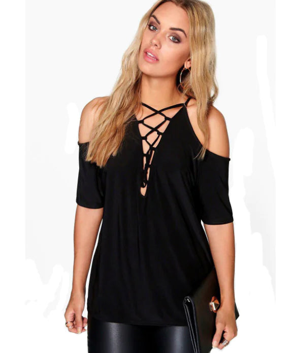 Women V-Neck Short Sleeve Blouse with Shoulder Tie Detail Autumn - Image 12