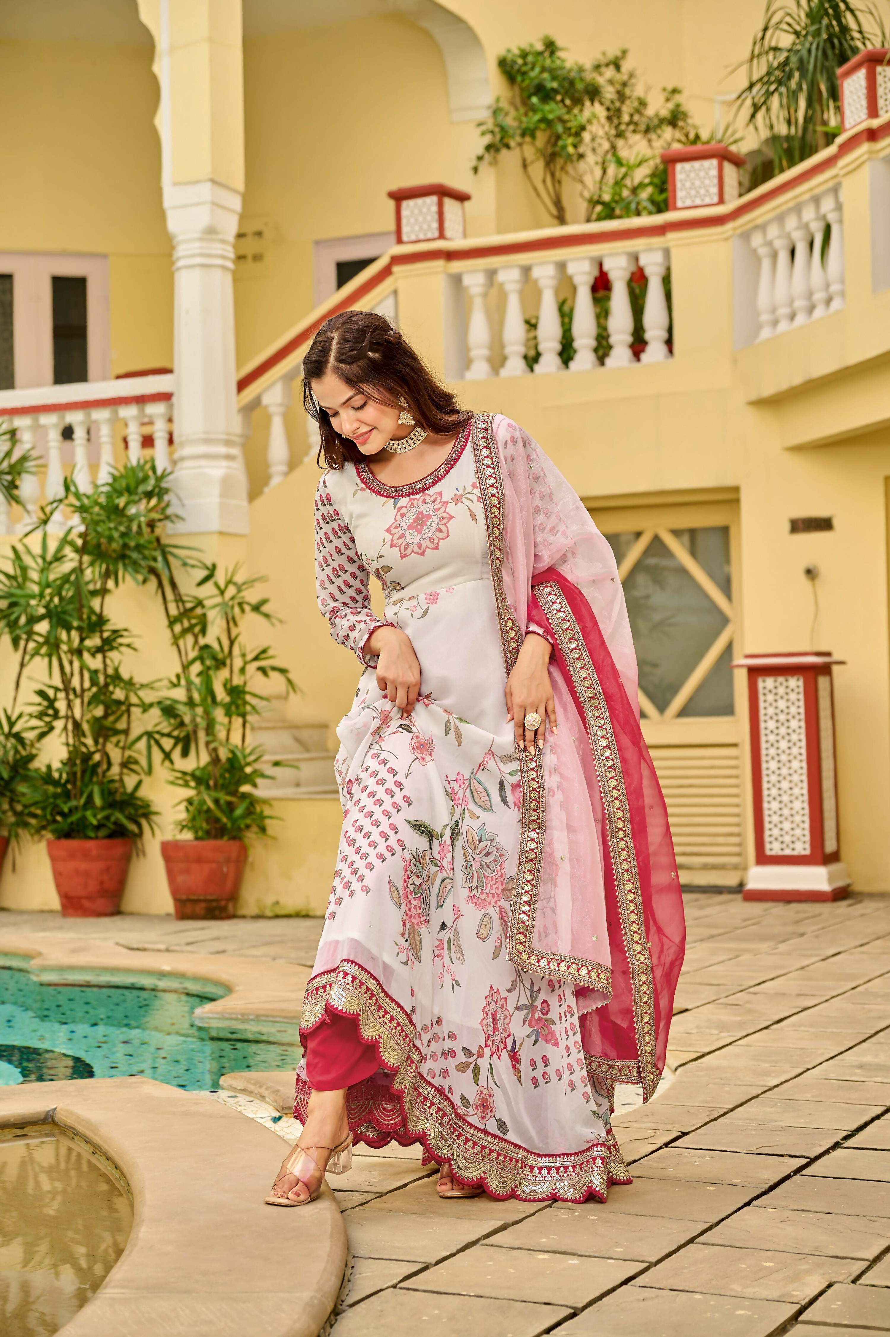 Pink & White Georgette Embroidery Sequence Work Kurta Set
