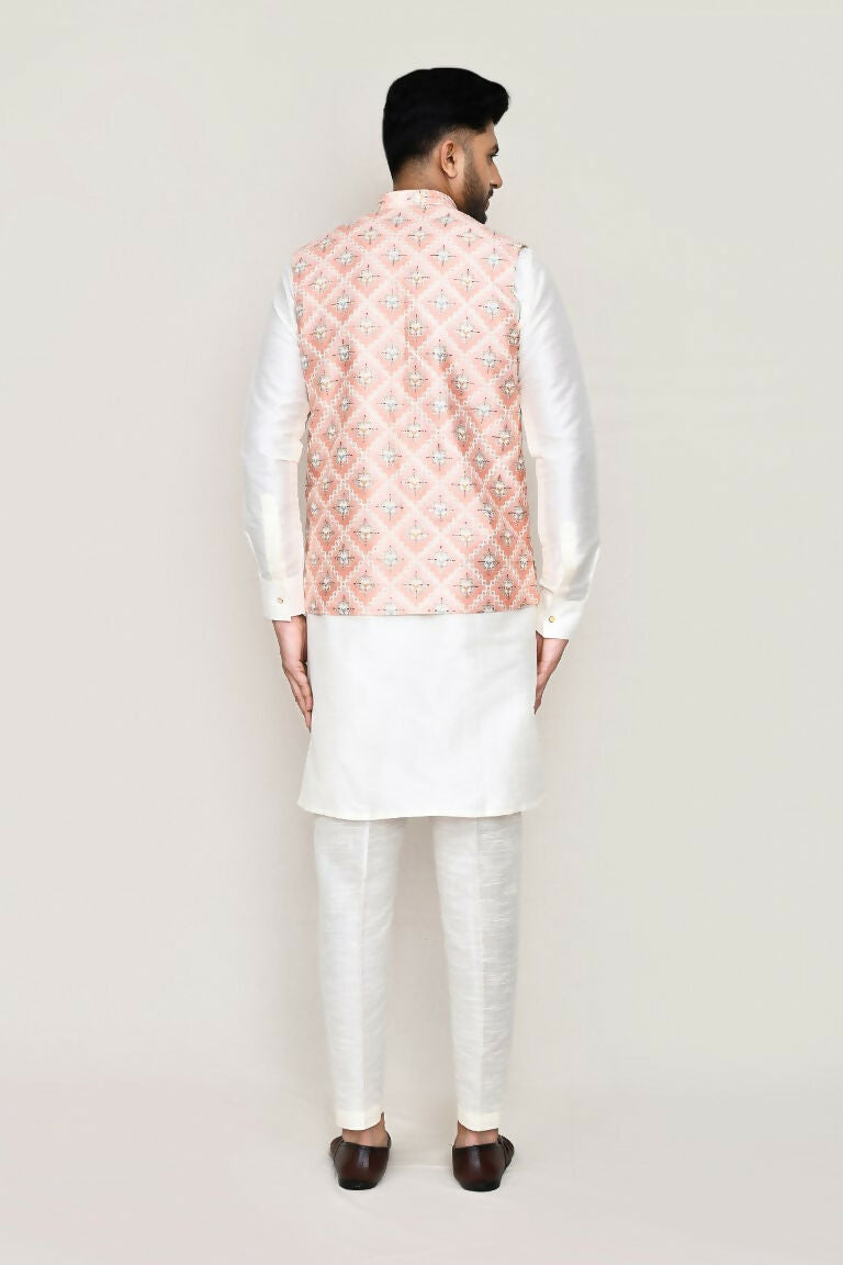 White Art Silk Kurta Set with Matching Jacket and Straight Pants