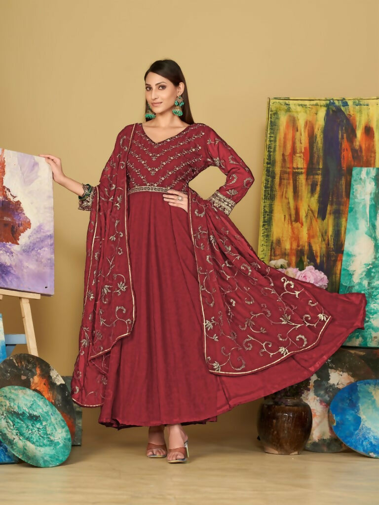 Floor-length Maroon Georgette Anarkali Kurta set with intricate embroidery details and matching dupatta