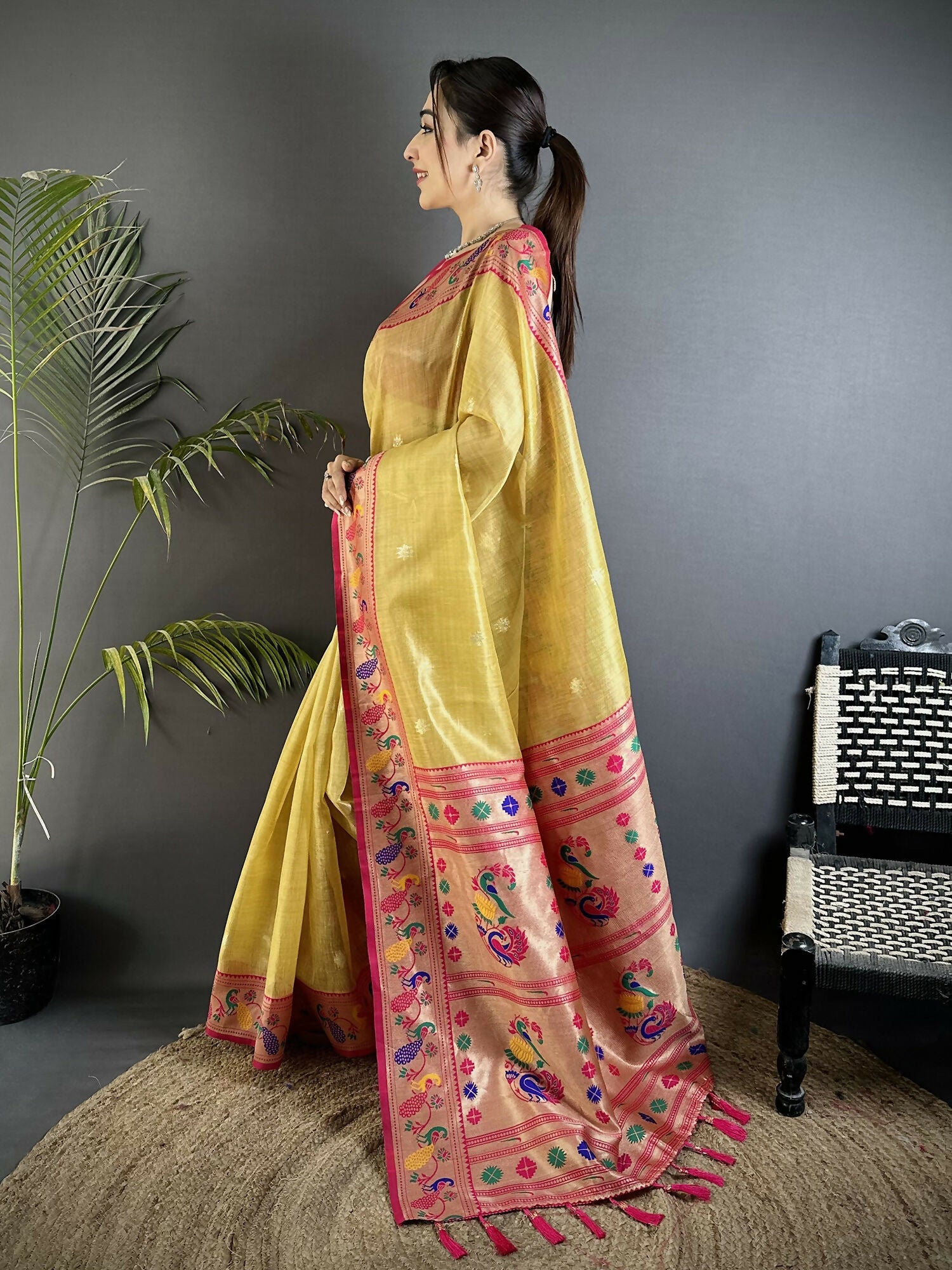 Golden Yellow Zari Weaving Tissue Paithani Saree with Magenta Blouse