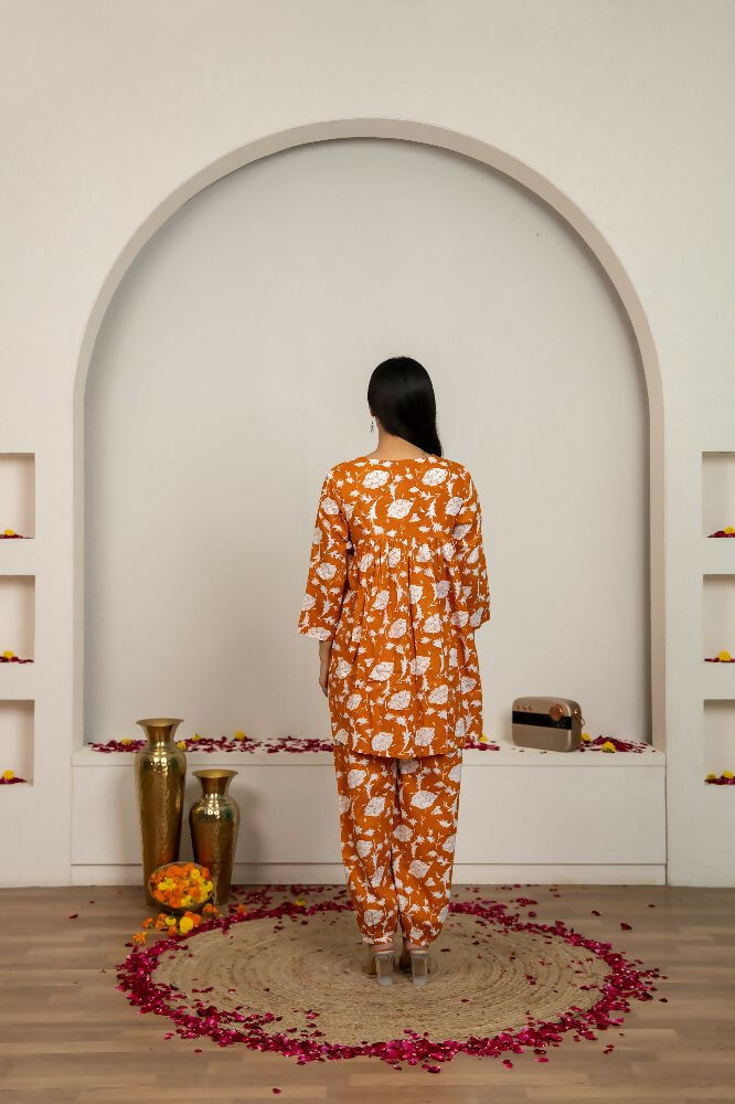 Peach Hand Block Print Cotton Kurta Set for Women
