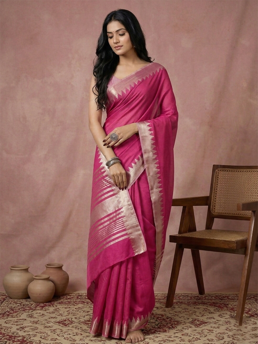 Deep wine cotton saree with matching blouse