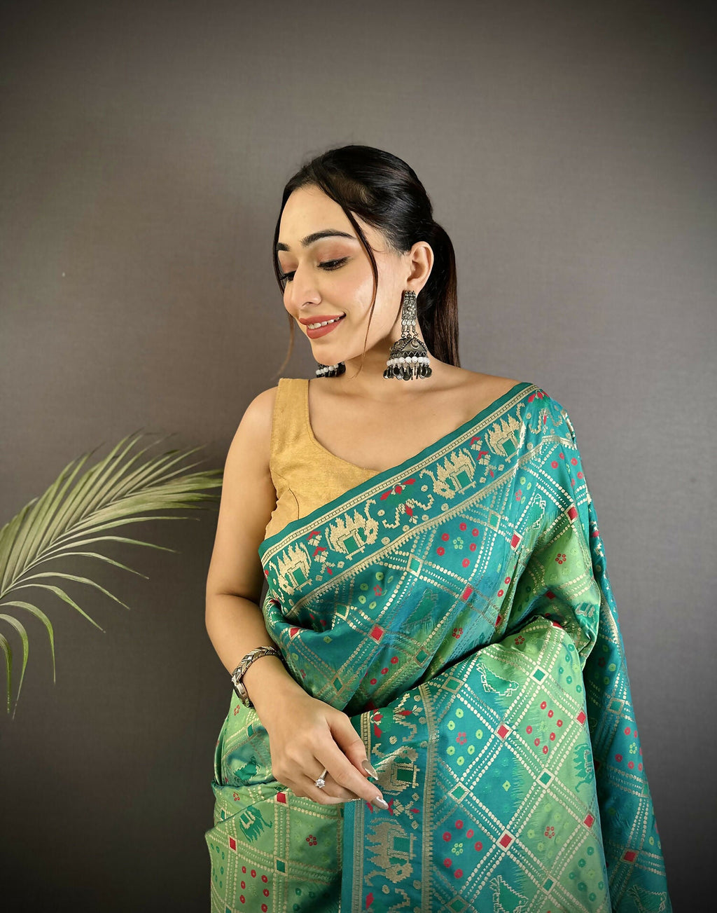 Turquoise Geometric Pattern Soft Silk Patola Saree with Blouse