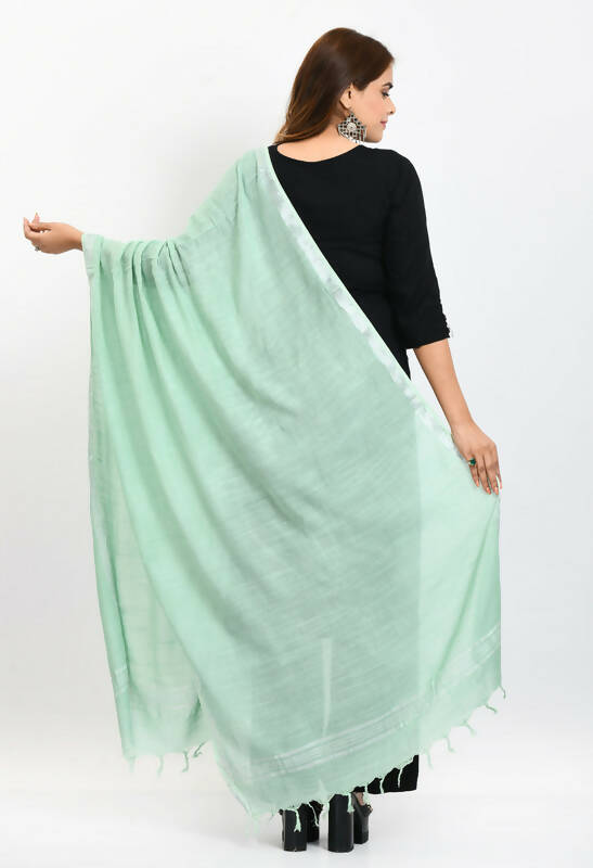 Pista Green Linen Cotton Dupatta with Elegant Silver Border