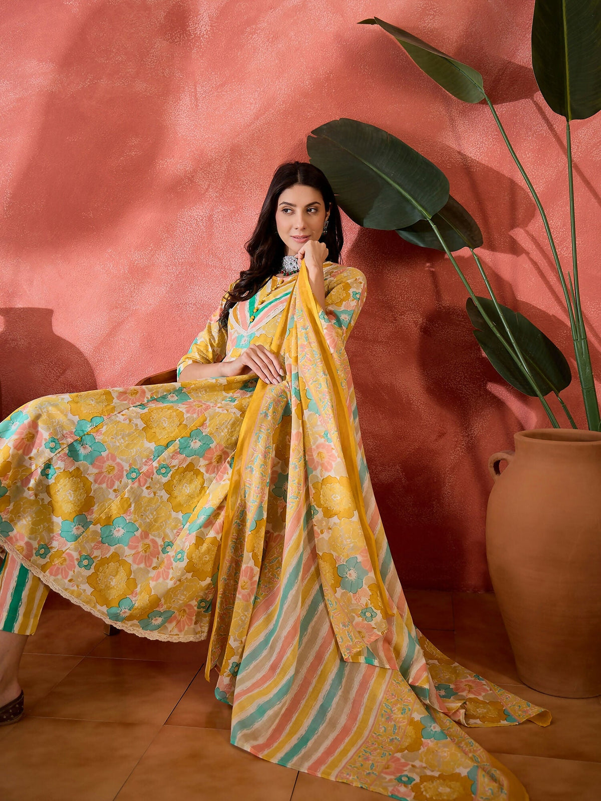 Printed Mustard Pure Cotton Kurta Set for Women
