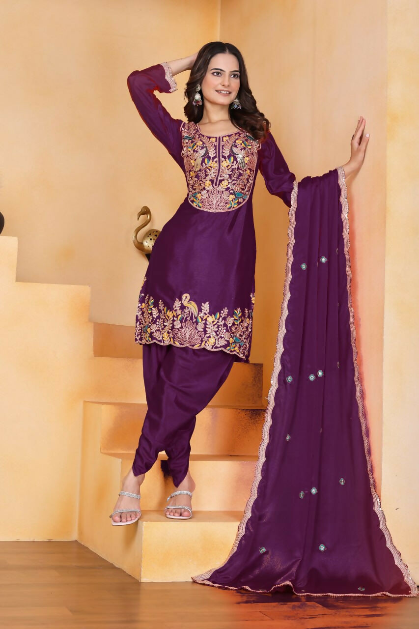 Wine Silk Embroidered Dhoti Set with Matching Kurti