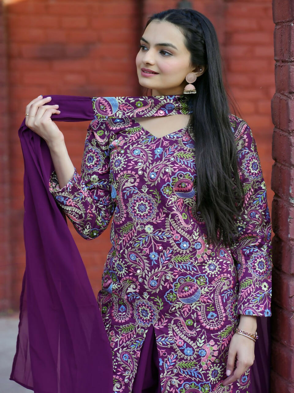 Wine Silk Embroidered Sharara Set with Designer Kurti