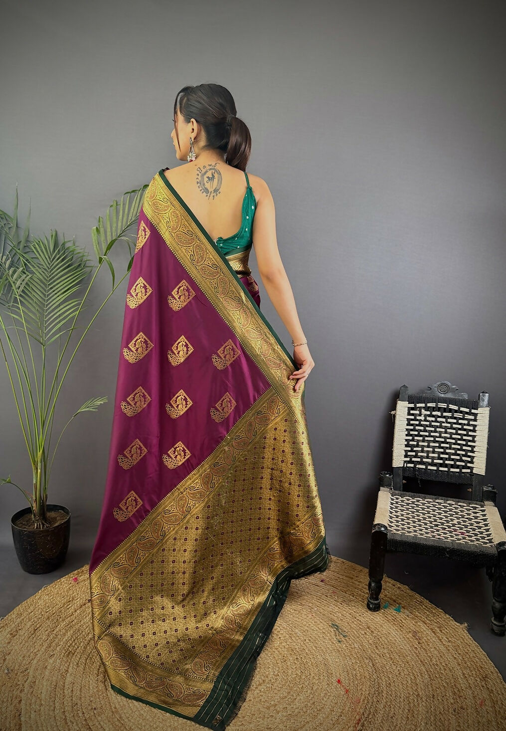 Black Peacock Banarasi Silk Saree with Unstitched Blouse