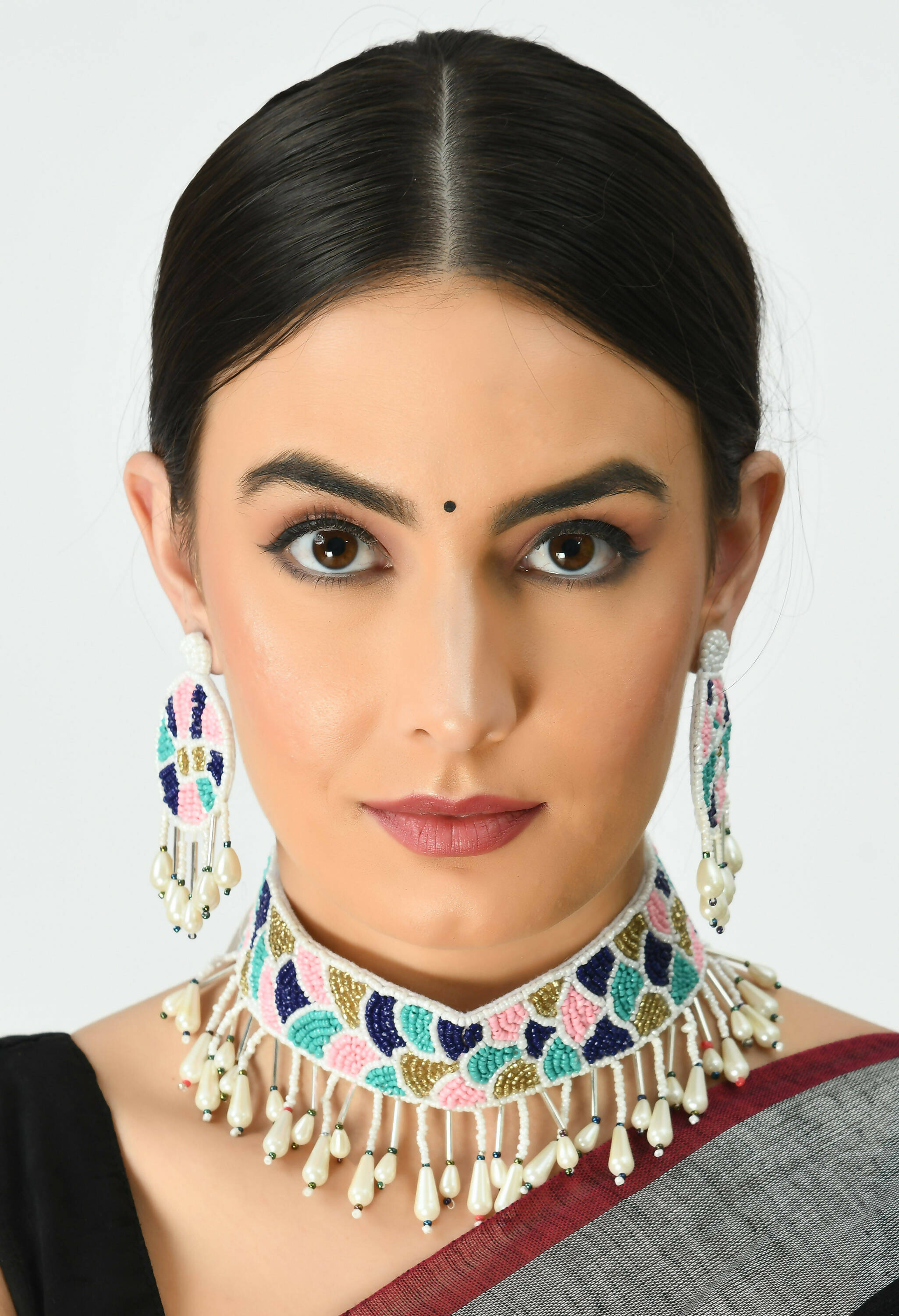 Multi-Color Beaded Choker Necklace with Dangle Earrings Set