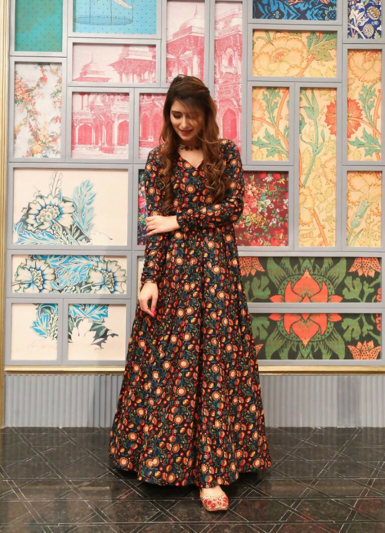 Coffee colored cotton silk Anarkali dress with intricate heavy digital prints