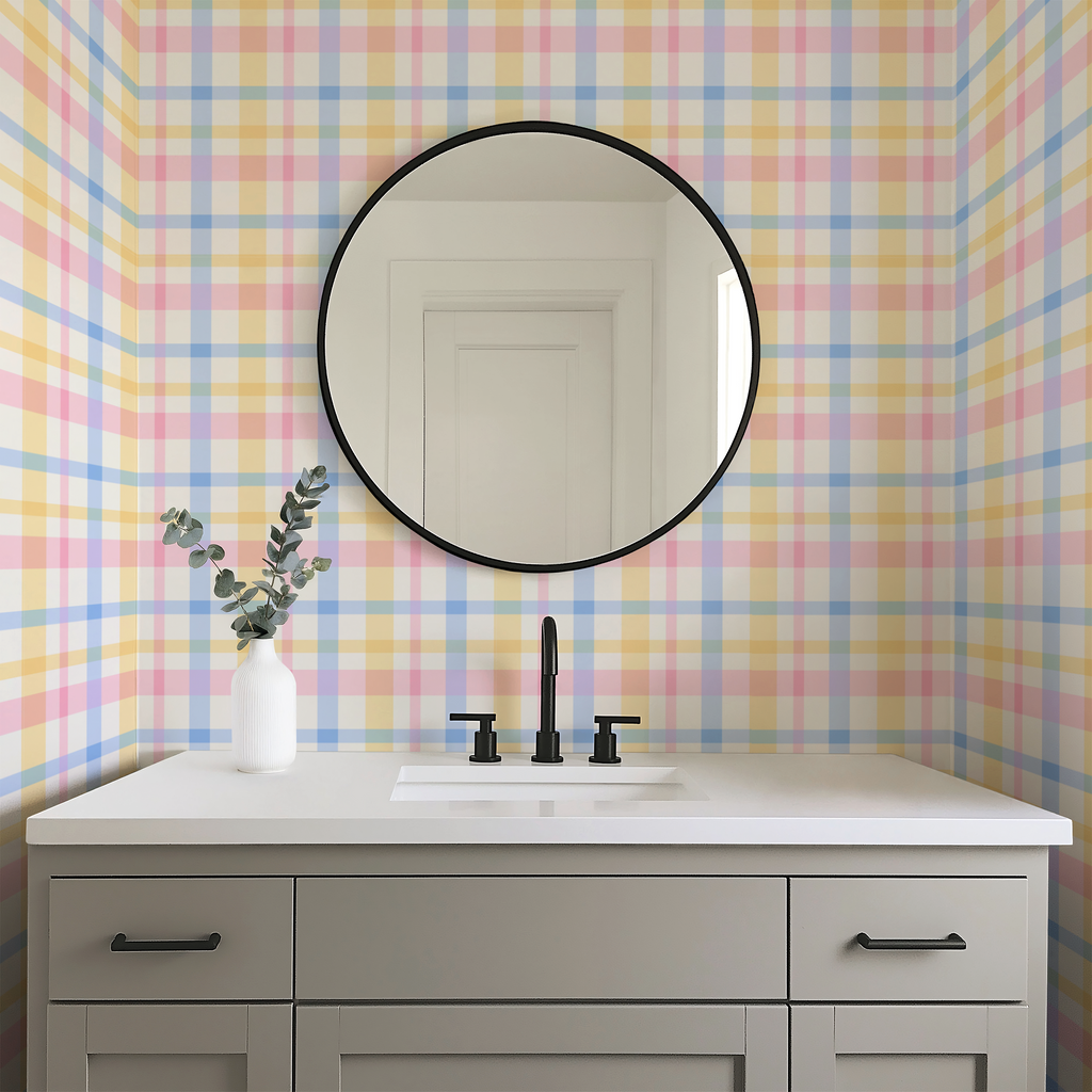 Wylie patterned removable wallpaper applied to a living room wall