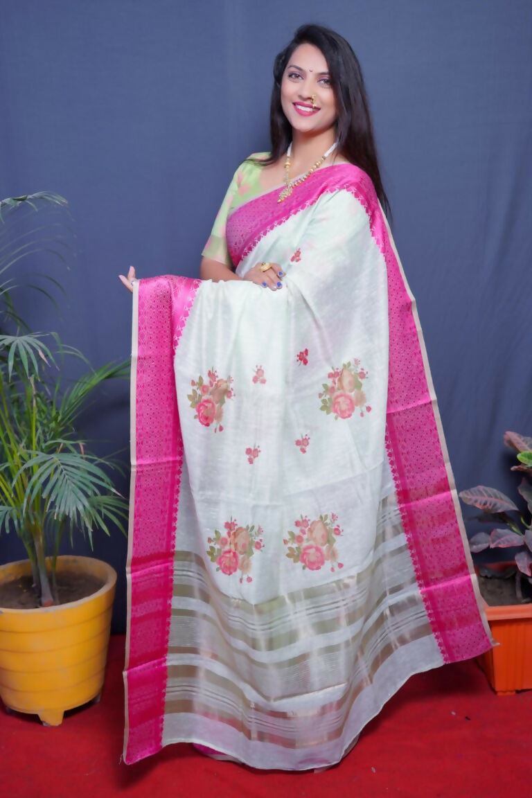 Magenta Linen Silk Digital Print Saree with Jacquard Border