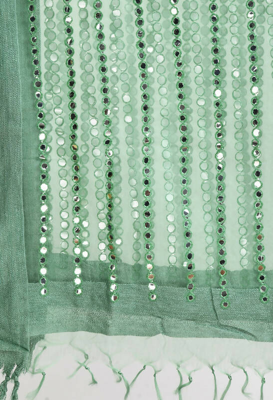 Pista Green Organza Dupatta with Mirror Stripe Thread Work