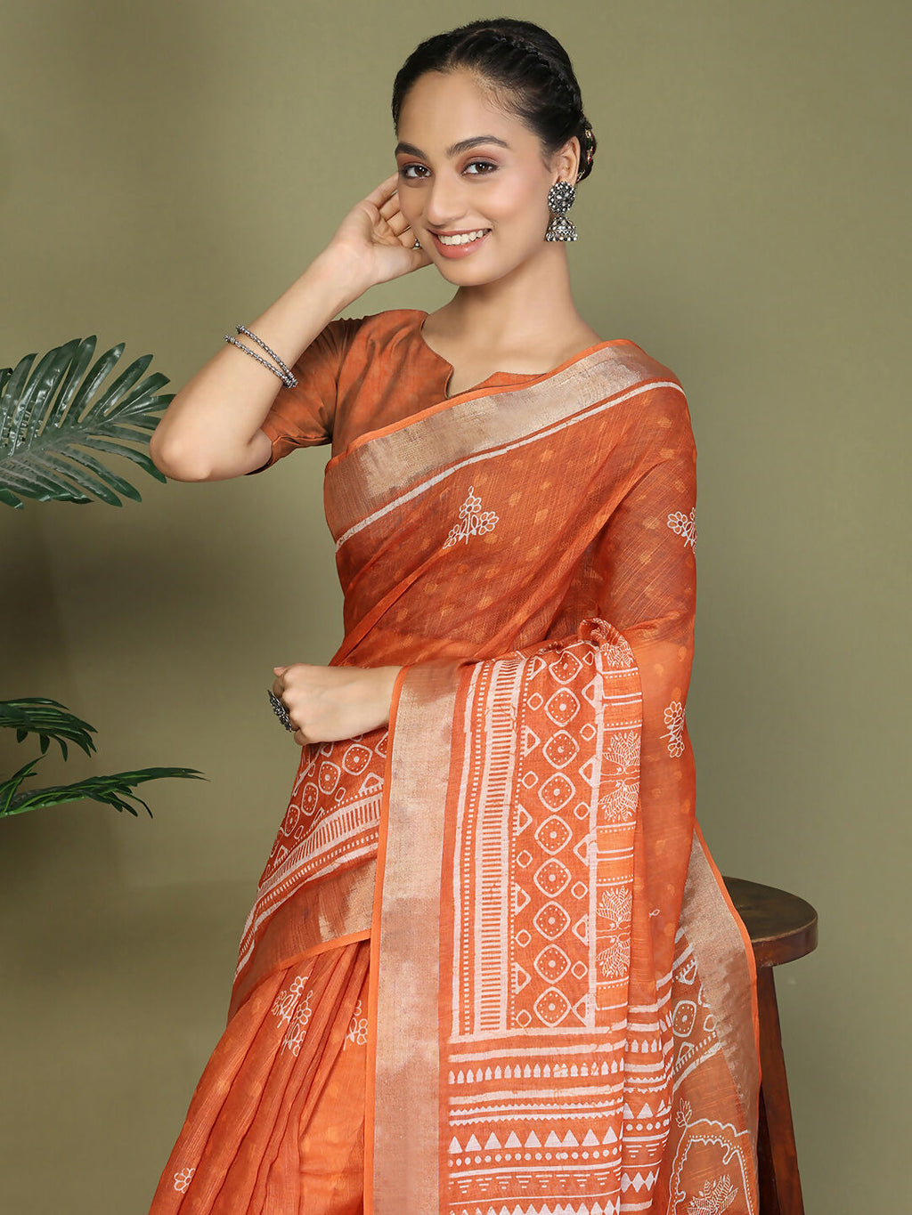 Bright Orange Cotton Saree for Women with Matching Blouse