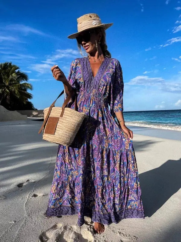 Women's Bohemian V-Neck Floral Maxi Dress