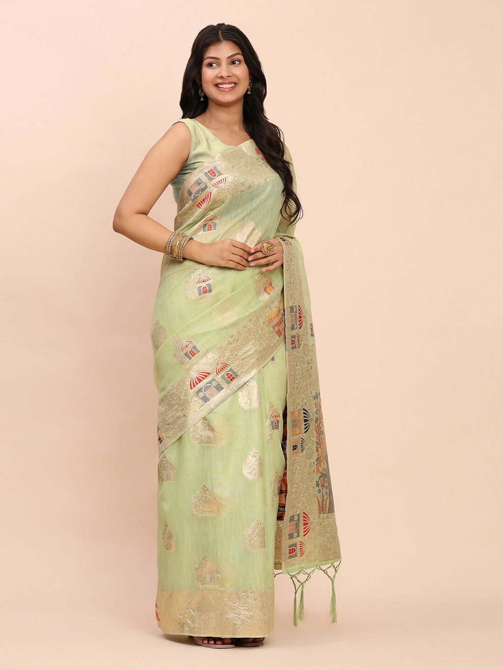 Light Green Linen Cotton Saree with Matching Blouse Piece