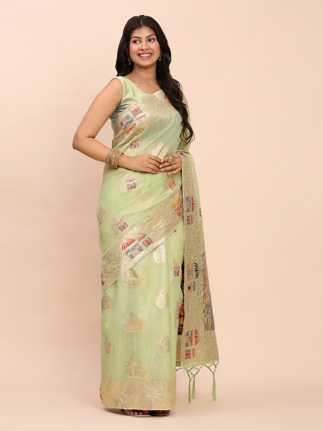Light Green Linen Cotton Saree with Matching Blouse Piece