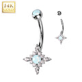 14k Solid White Gold CZ Synthetic Opal Star Burst Belly Ring