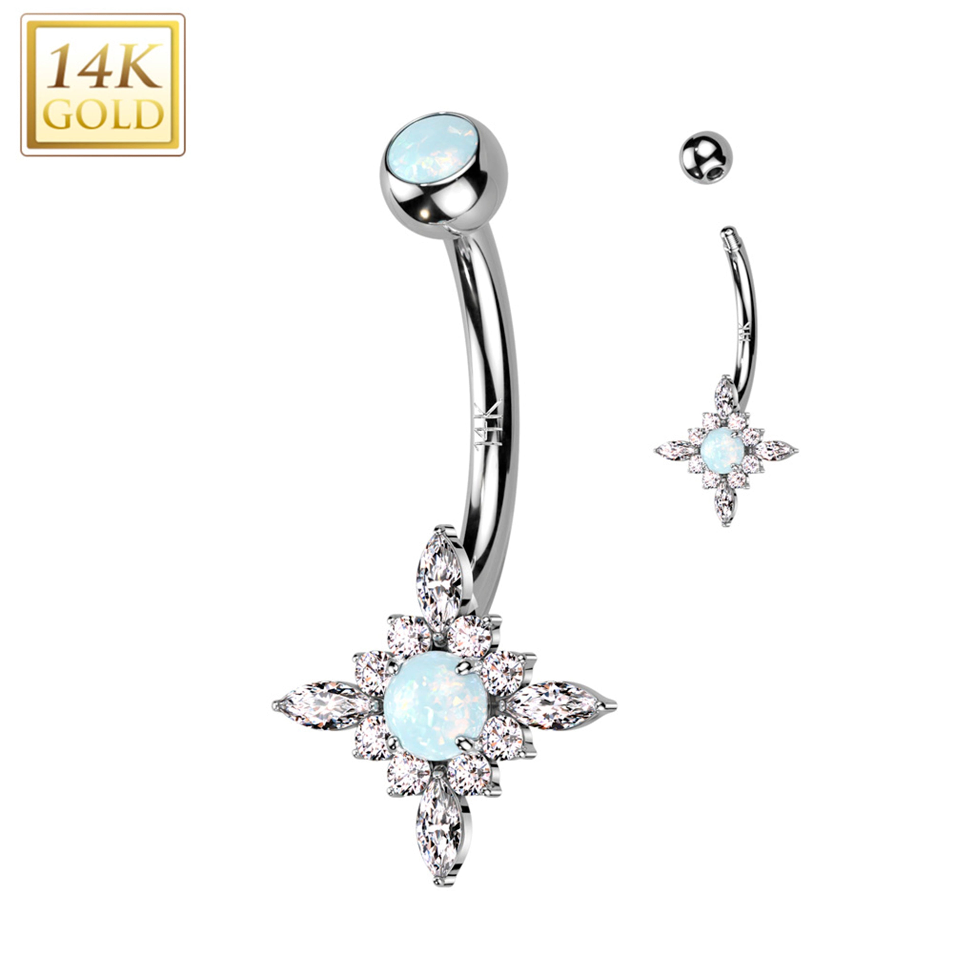 14k Solid White Gold CZ Synthetic Opal Star Burst Belly Ring