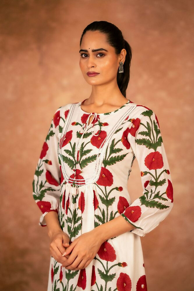 Red Rose Floral Hand Block Printed Cotton Kurta Pant Set