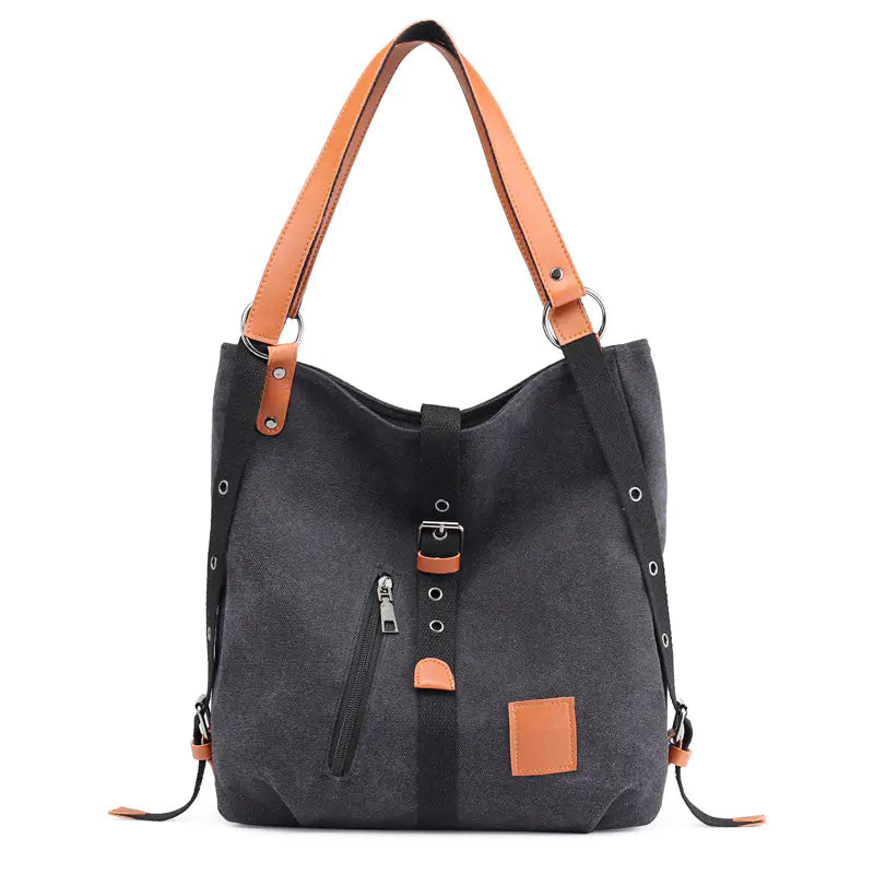 Women's Canvas Shoulder Tote Bag with Buckle and Zipper Detail - Image 9