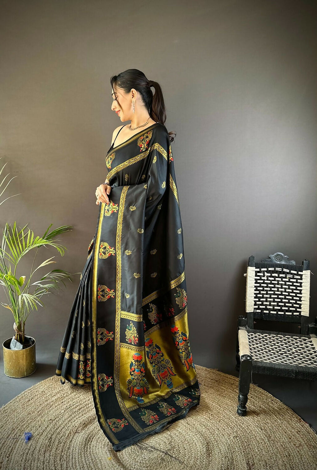 Black Meenakari Weaving Paithani Saree in Soft Silk with Blouse