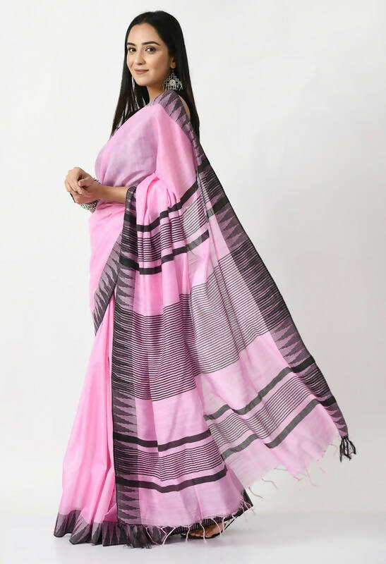 Baby Pink Bhagalpuri Handloom Silk Saree with Black Temple Border