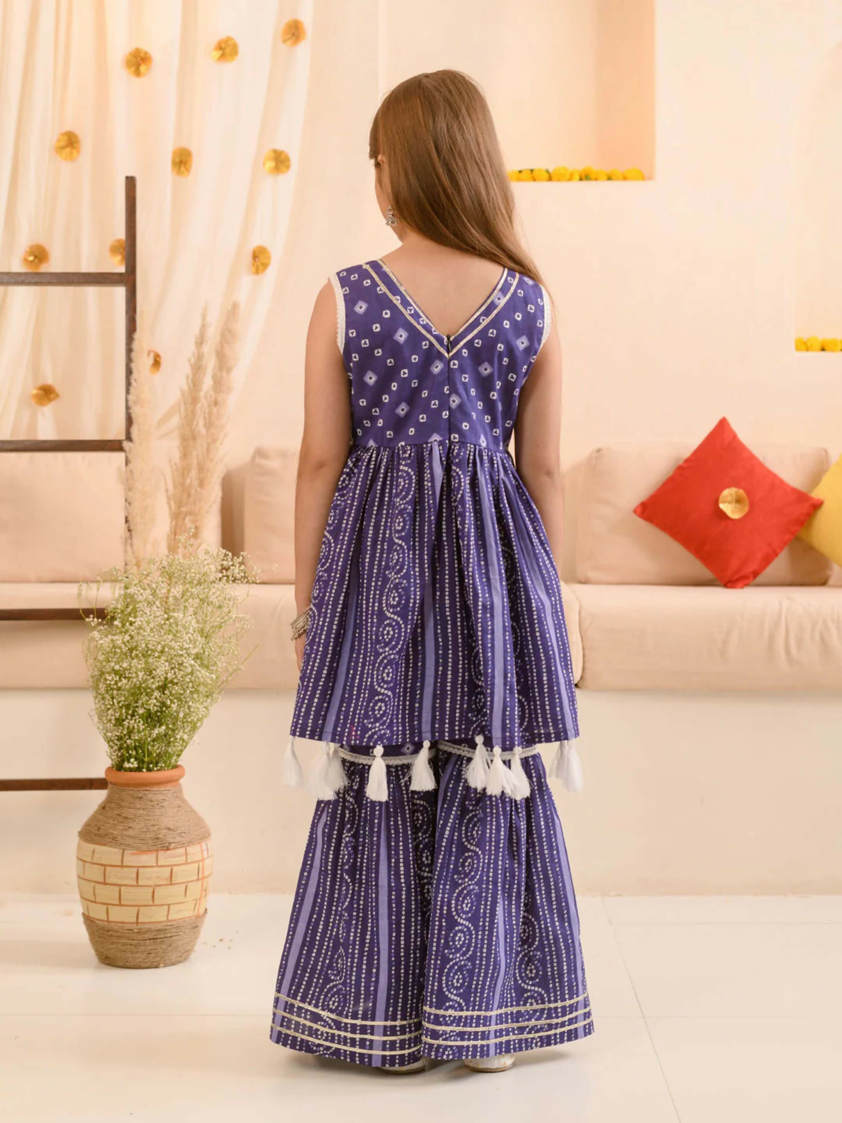 Girl's Blue Cotton Kurta and Palazzo Sharara Set