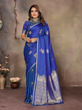Blue Banarasi silk saree with floral motifs and matching unstitched blouse