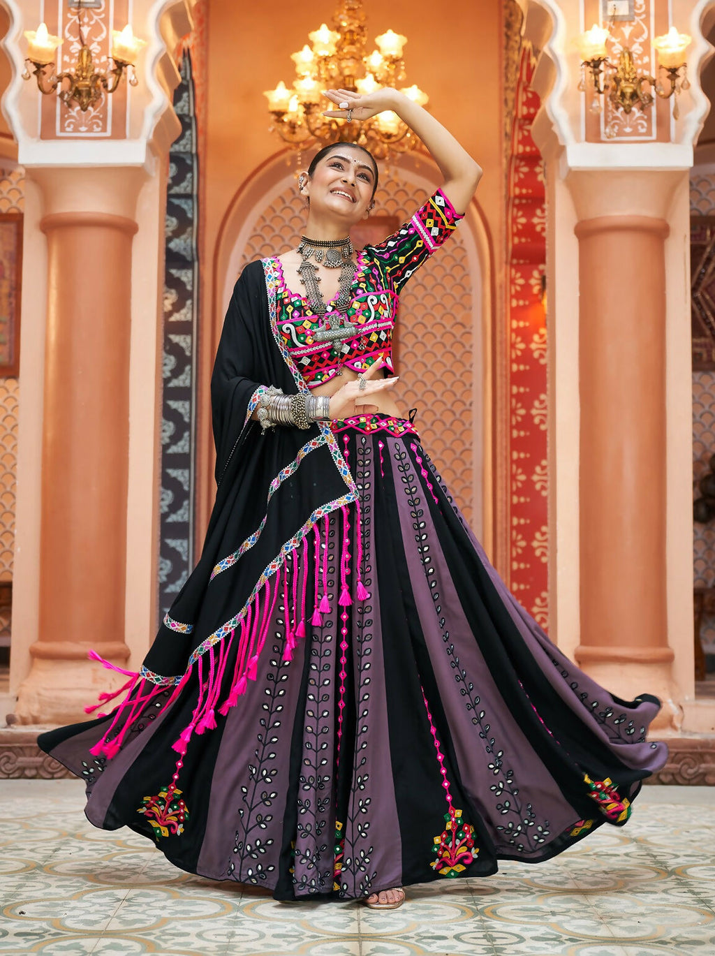 Multi-Color Viscose Rayon Navratri Lehenga Choli with Black Blouse
