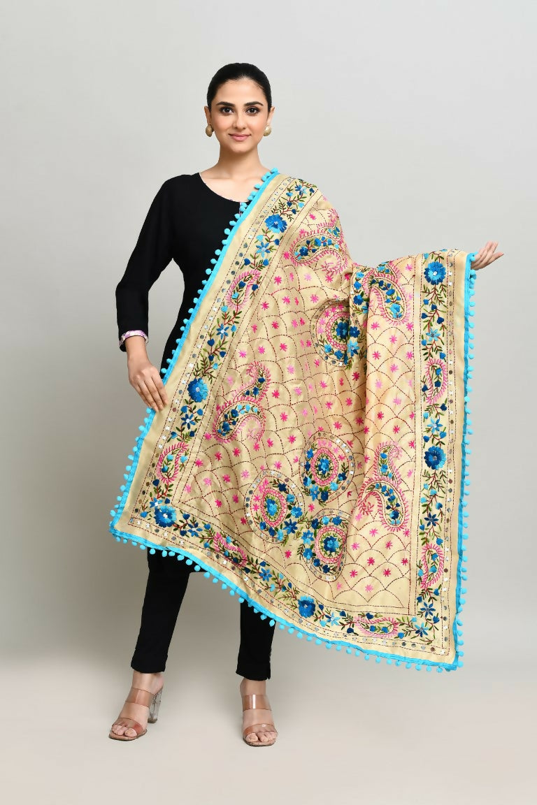 Multi color cotton Phulkari dupatta with detailed traditional embroidery work
