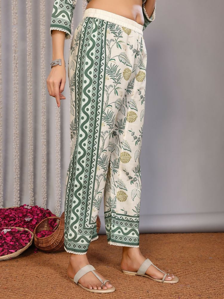 Off White and Forest Green Printed Linen Kurta Set