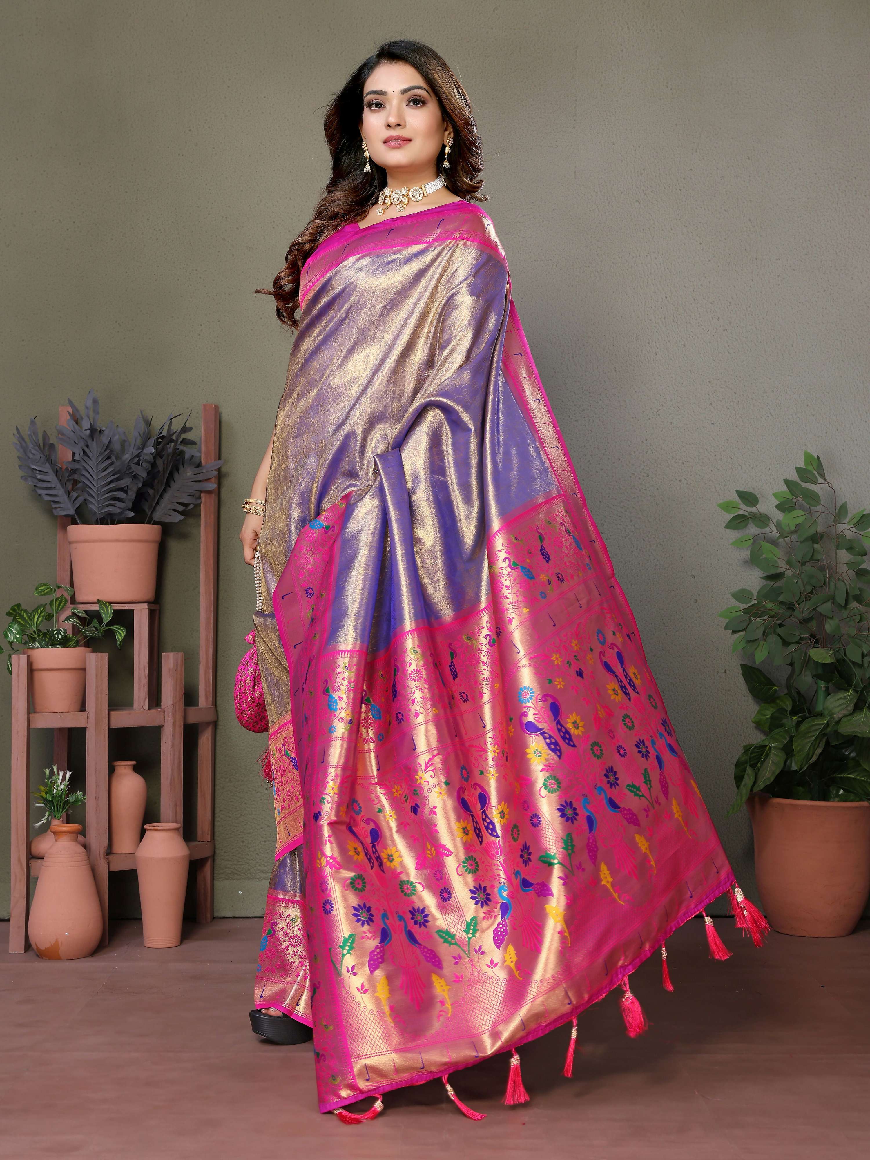 Purple Tissue Silk Paithani Woven Saree with Zari Details