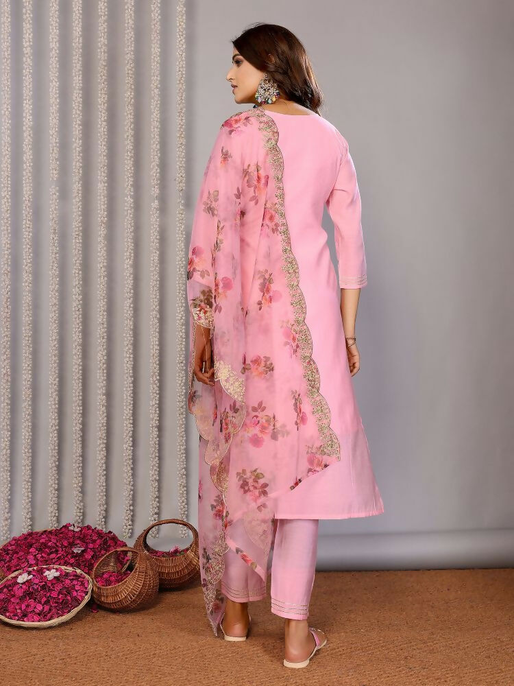 Women Light Pink Roman Embroidery Stitched Kurta Set with Dupatta