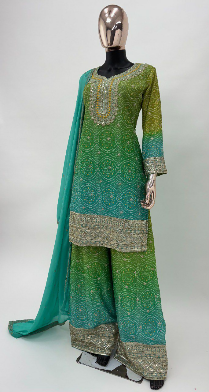 Green and Teal Chinon Embroidered Salwar Kameez - Stitched Suit